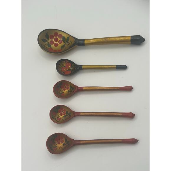 Russian Khokhlma Folk Art Collection Handmade‎ Wooden Spoons And Plate Floral - Picture 2 of 8